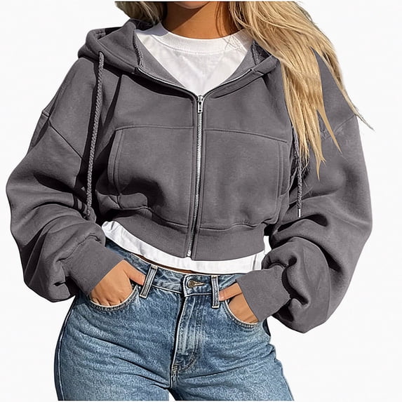 Lumosvexa Women's Zipper Hooded Jacket, Loose Fit Long Sleeve Lightweight Winter Casual Crop Jacket Gray L