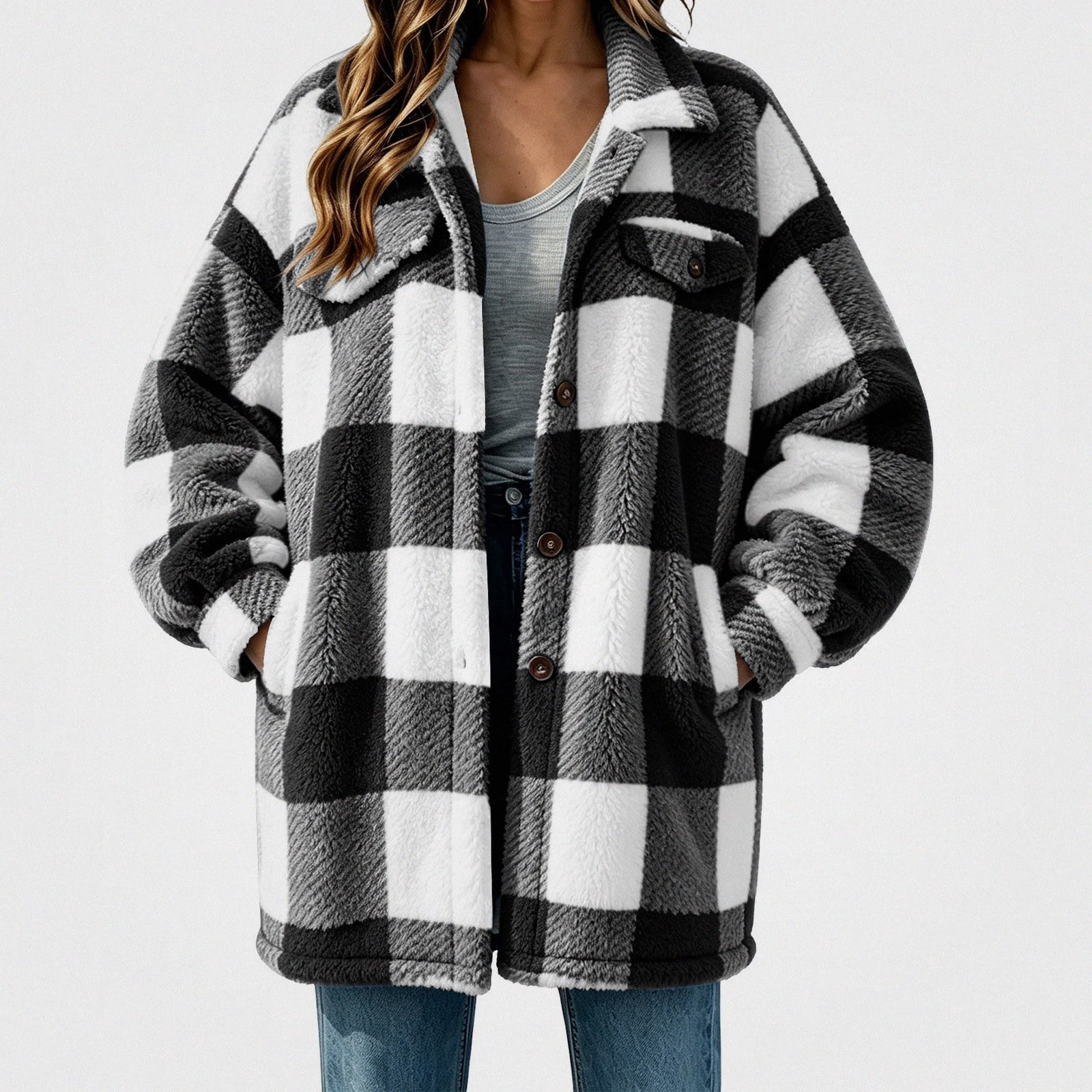 Lumosvexa Womens Plaid Coat Flannel Button Business Fuzz Casual Long ...
