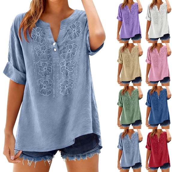 Lumosvexa Womens Plain T-Shirt for Women Linen Short Shirt Tops V-neck Cotton T Shirt Pink Size 2XL