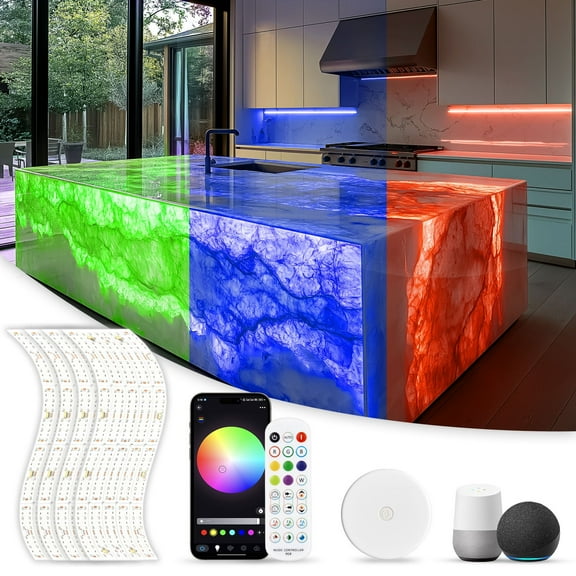 Lumtide 4 Pack LED Backlight Sheet RGB 24V 45W, Dimmable LED Panel Sheet Compatible with Alexa, Flexible Backlit Light Remote & APP Control, 19.7X9.7 Inch for Marble, Onyx, Quartz Countertop