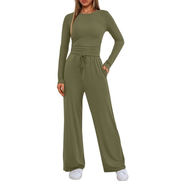 Lumtrix 2 Piece Lounge Sets for Women Fall Outfits Long Sleeve Wide Leg Tracksuits Womens Casual Loungewear Two Pcs Matching Set With Pockets Army Green L