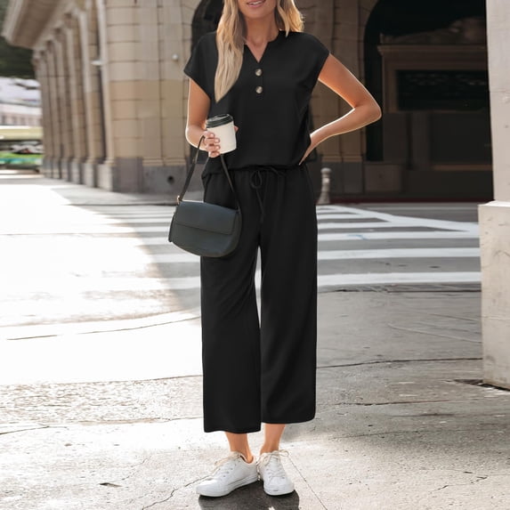 Lumtrix 2 Piece Lounge Sets for Women Summer 2026 Henley V Neck Cap Sleeve Sweatsuit with Pockets Travel Vacation Airport Outfits Black M