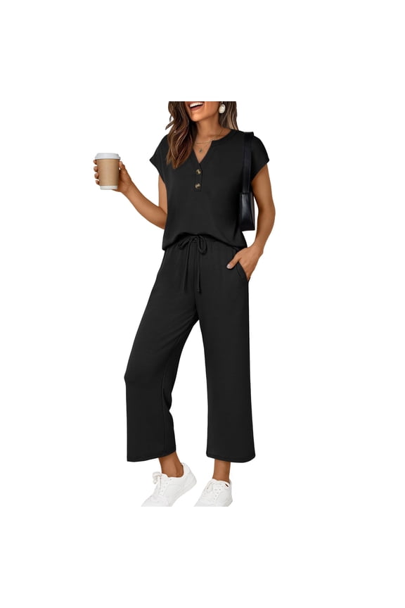 2 Piece Sets For Women Spring Fashion Beach Vacation Cruise Outfit Dressy Casual Wide Leg Crop Pants Resort Wear Black L