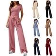 thumbnail image 1 of Lumtrix 2 Piece Sets for Women Summer 2026 Spring Summer Ribbed Lounge Set Matching V Neck Crop Tops Wide Leg Pants with Pockets Airport Travel Outfits Army Green M, 1 of 4