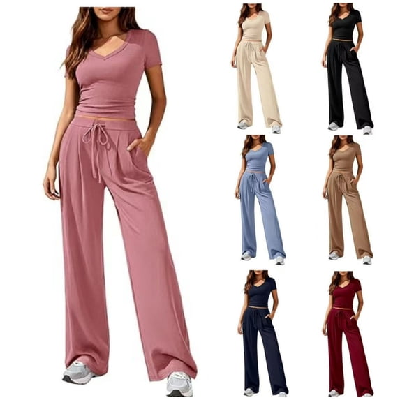 Lumtrix 2 Piece Sets for Women Summer 2026 Spring Summer Ribbed Lounge Set Matching V Neck Crop Tops Wide Leg Pants with Pockets Airport Travel Outfits Khaki M