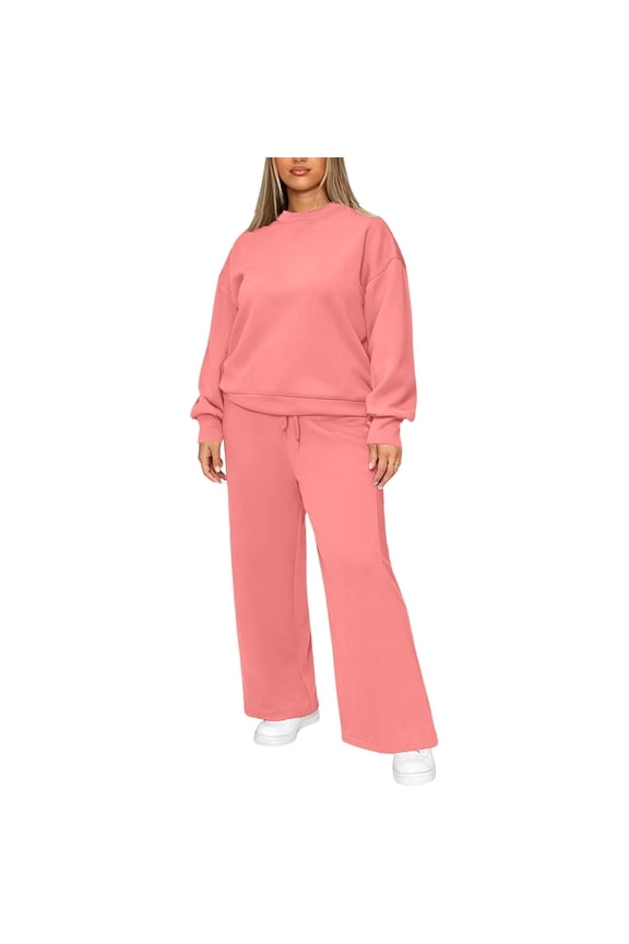 2 Piece Sets for Women Casual Outfits Long Sleeve Sweatshirt Wide Leg Sweatpant Sweatsuit Loungewear Set Tracksuit Pink 2XL