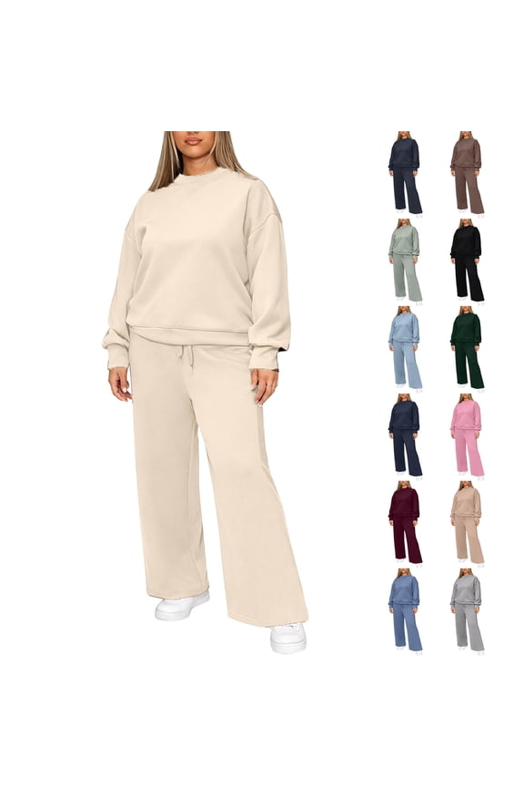 2 Piece Sets for Women Casual Outfits Sweatsuit Long Sleeve Sweatshirt Wide Leg Sweatpant Loungewear Set Tracksuit Light Gray 2XL
