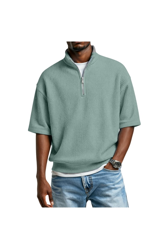 2026 Spring Summer Polo Shirts For Men Short Sleeve Quarter Zip Pullover Waffle Knit Stand Collar T-Shirts Mint Green M