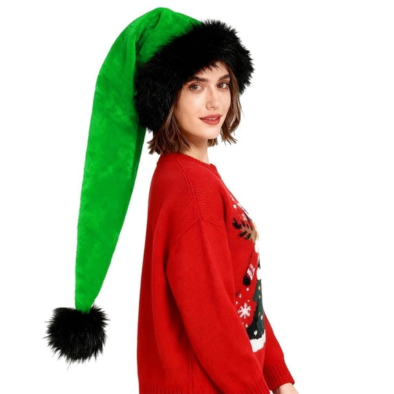 Lumtrix 29.53 Inch Long Santa Hat For Women Adults Men Black Plush Hat Comfortable Holiday Hats Christmas Hats For New Year'S Eve Party Green One Size