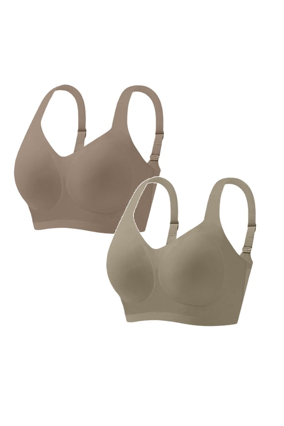 2PCS Wireless Jelly Bra for Women Adjustable Strap Supportive Bra Seamless Full Coverage Bralette Khaki&Taupe L