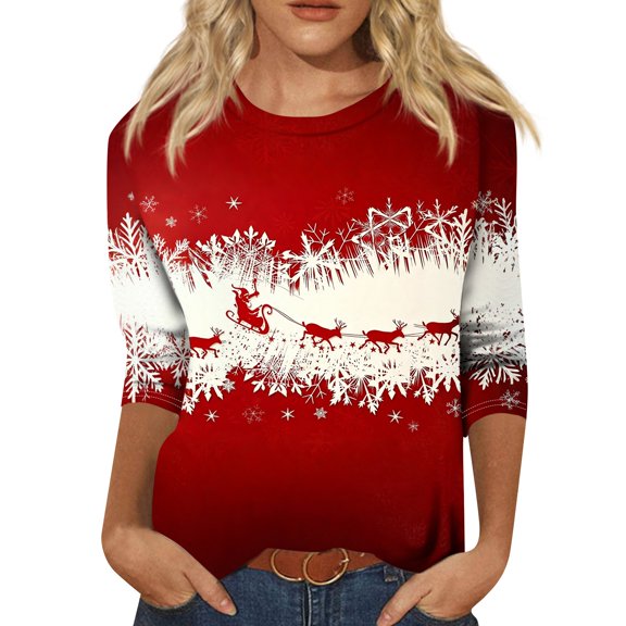 Lumtrix 3/4 Length Sleeve Womens Christmas Tops Trendy Casual Snowflakes Pattern Roundneck Fall Tee Shirts 2026 Trendy Tops Holiday Tops Pullover Red 2XL
