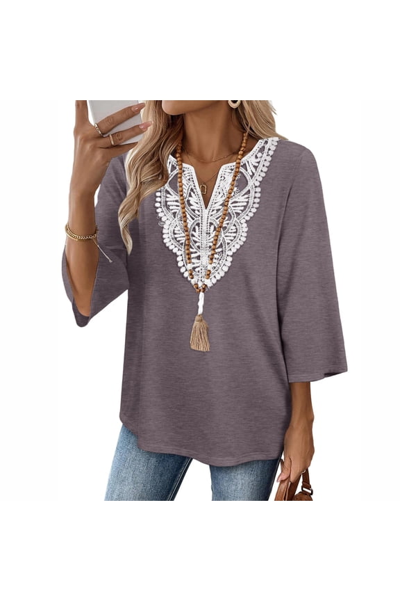 3/4 Length Sleeve Womens Tops Boho V Neck Lace Shirt Trendy Blouses Dressy Casual Vacation Clothes Spring Loose Fit Tunic Ginger S