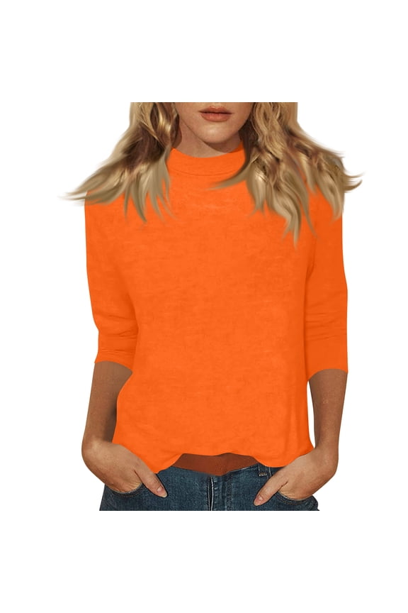 3/4 Length Sleeve Womens Tops Casual Loose Fit Mock Neck T Shirts Solid Tunic Lightweight Layering Tops Orange 2XL