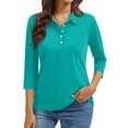 thumbnail image 1 of Lumtrix 3/4 Length Sleeve Womens Tops Solid Color 5-Button Collared Lightweight Polo Shirts Casual Loose Fit Business Work Blouses Turquoise L, 1 of 5
