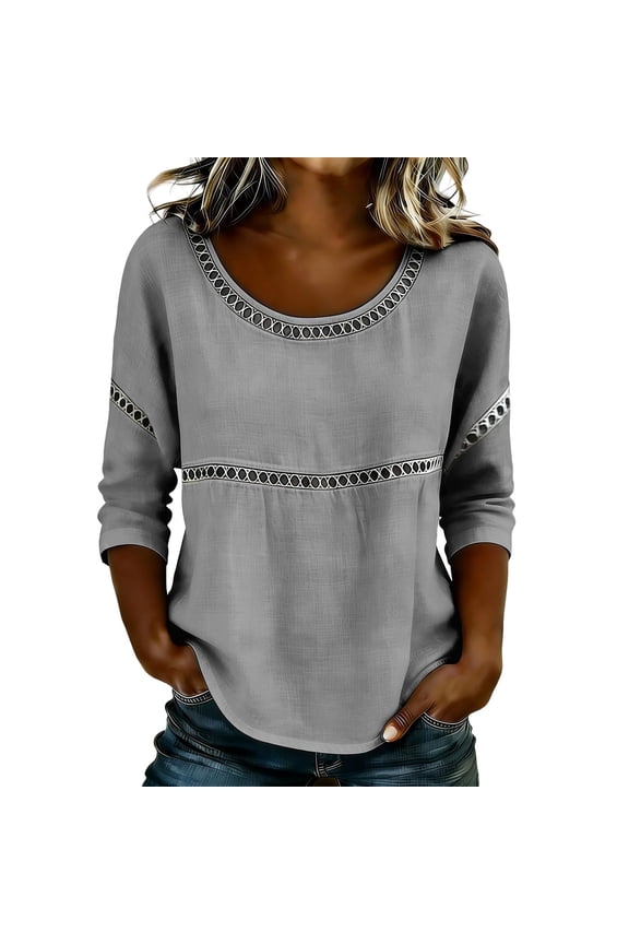 3/4 Sleeve Length Tops For Women Lace Patch Dressy Casual Blouses Vintage Trendy Shirts Round Neck Loose Fit Tunic Gray 2XL