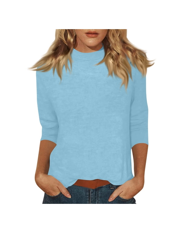 3/4 Sleeve Tops For Women Loose Fit Mock Neck Cute Shirts Casual Layering Basic Tees Loose Fit Pullover Blouse Light Blue 2XL