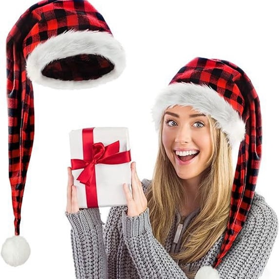 Lumtrix 33 In Christmas Long Santa Hat Plush Xmas Hat Pliad Black Plaid Holidday Caps with Pom Red Black One Size