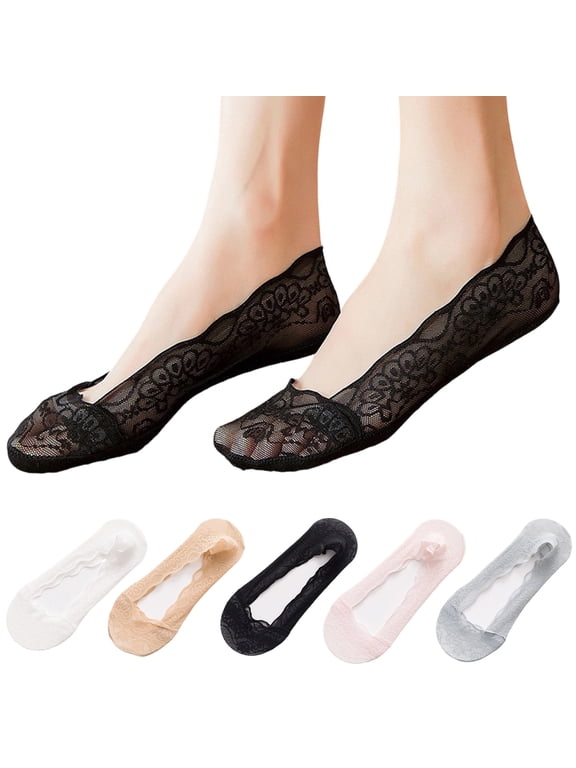 5 Pairs Women Lace Mesh No Show Liner Socks Breathable Heel Socks for Flats Loafers Complexion One Size