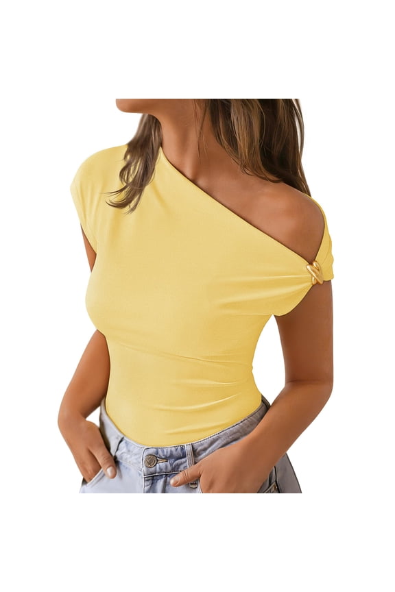 Asymmetrical Tops For Women Off The Shoulder Crop Tops Ribbed Going Out Fitting T Shirts Trendy Summer Y2K Blouses 2026 Fluorescence Yellow 2XL