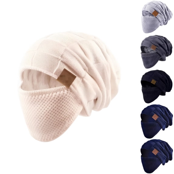 Lumtrix Beanie Hat For Men And Women Winter Warm Hats Knit Slouchy Thick Fleece Lined Skull Cap With Face Cover Beige One Size