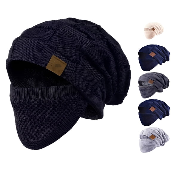 Lumtrix Beanie Hat For Men And Women Winter Warm Hats Knit Slouchy Thick Fleece Lined Skull Cap With Face Cover Black One Size