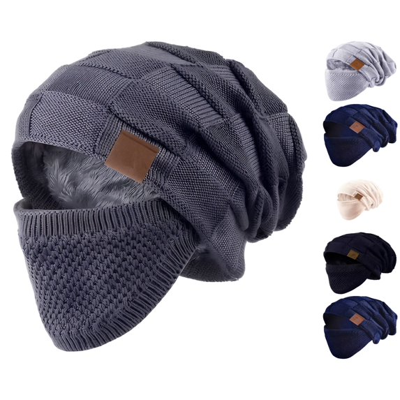 Lumtrix Beanie Hat For Men And Women Winter Warm Hats Knit Slouchy Thick Fleece Lined Skull Cap With Face Cover Dark Gray One Size