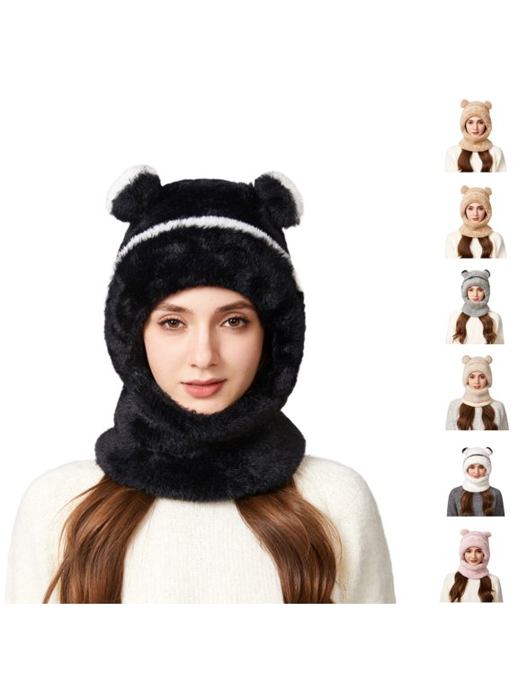 Bear Ear Balaclava for Women Men, 3-in-1 Fleece Hooded Scarf Ski Neck Warmer, Cute Winter Beanie Hat Black One Size