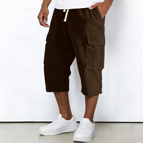 Lumtrix Below The Knee Cargo Shorts for Men Multi-Pockets Baggy Casual Corduroy Capri Pants Elastic Waist Big and Tall Hiking Pants Brown 2XL
