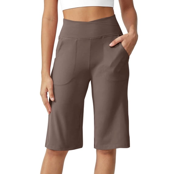 Lumtrix Bermuda Shorts For Women With Pockets Below Knee Length Women'S High Waisted Stretch Long Shorts Walking Casual Capris Brown S