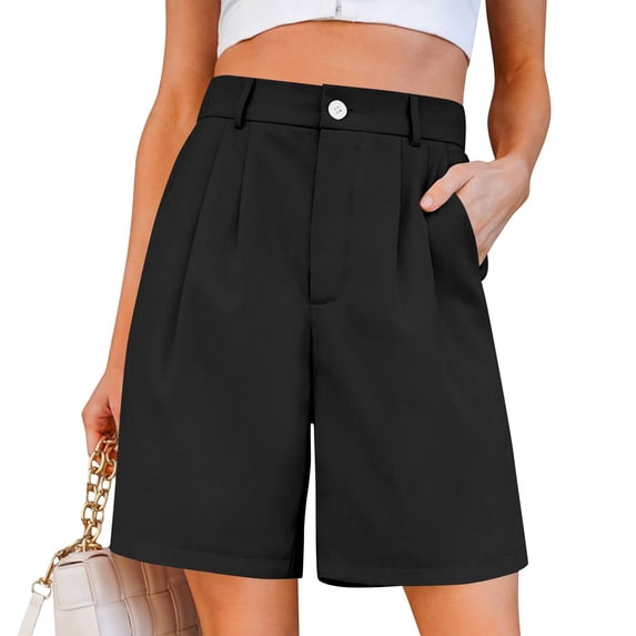 Lumtrix Bermuda Shorts For Women Dressy Casual High Waisted Summer Work Zipper Button Elastic Waist Pleated Knee Length Dress Shorts With Pockets Black S