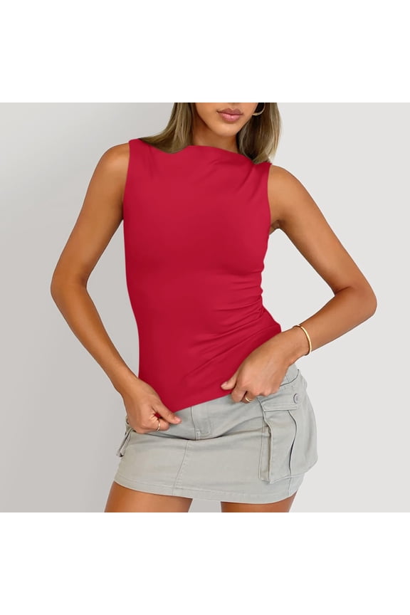 Boat Neck Tank Tops For Women Seamless Shirts Cute Casual Basic Sim Fitted Summer Going Out Crop Tops Red XL