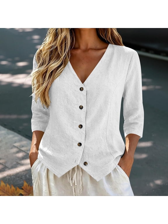 Boho Tops For Women Linen Cotton Boho 3/4 Sleeve Vacation Office, Lightweight V-Neck Gauze Tunic For Outdoor Weekend Lounge White M