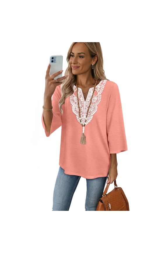 Boho Tops for Women Blouses Dressy Casual V Neck 3/4 Sleeve Shirts Lace Front Tunic Loose Vacation Clothes Pink S