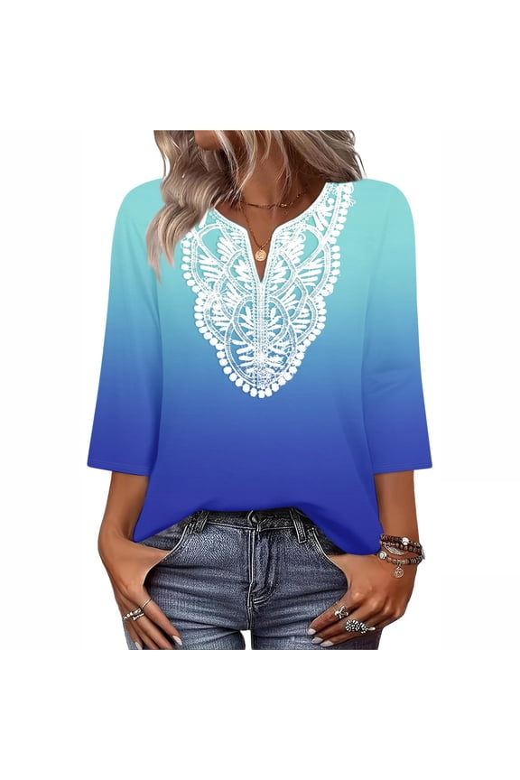 Boho Tops for Women Casual 3/4 Sleeve Tunic V Neck Summer Vacation Blouses 2026 Trendy Clothes Loose Lace Front Shirts Sky Blue S