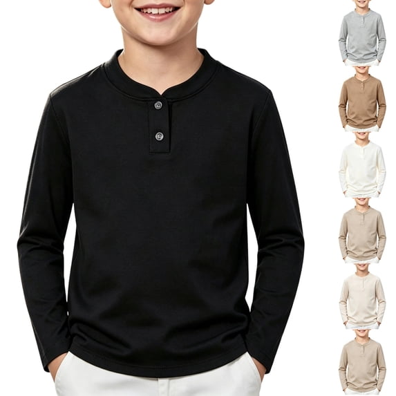 Lumtrix Boys Henley Long Sleeve Shirt Plain Crewneck Vintage Top Soft Spring Fall Winter Daily Wear Top Black 110