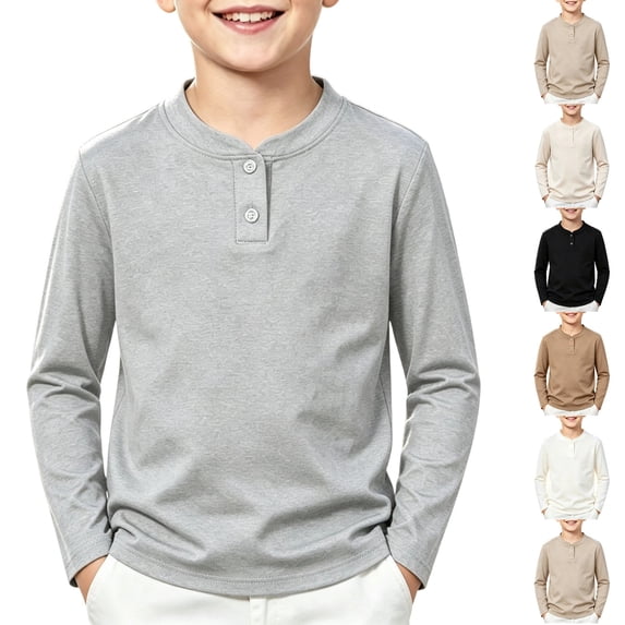 Lumtrix Boys Henley Long Sleeve Shirt Plain Crewneck Vintage Top Soft Spring Fall Winter Daily Wear Top Gray 150