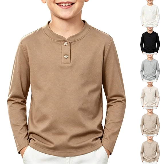 Lumtrix Boys Henley Long Sleeve Shirt Plain Crewneck Vintage Top Soft Spring Fall Winter Daily Wear Top Light Brown 130
