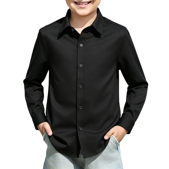 Lumtrix Boys Long Sleeve Dress Shirt Button Down Classic Collar Uniform, Quick Dry Slim Fit Tops Wedding And Formal Events Black 100