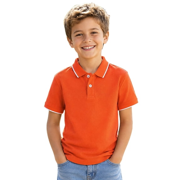 Lumtrix Boys Solid Uniform Short-Sleeve Polo Shirt | Breathable Short Sleeve Tops Collared Button Down Tees Saffron 130