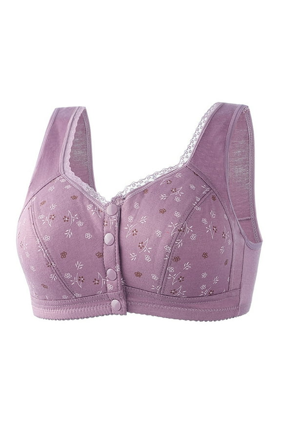 Bra Front Button Wrap Closure V-Neck No Underwire Lace Convenient Everyday Bras Floral Loose Fit Bra Purple 38