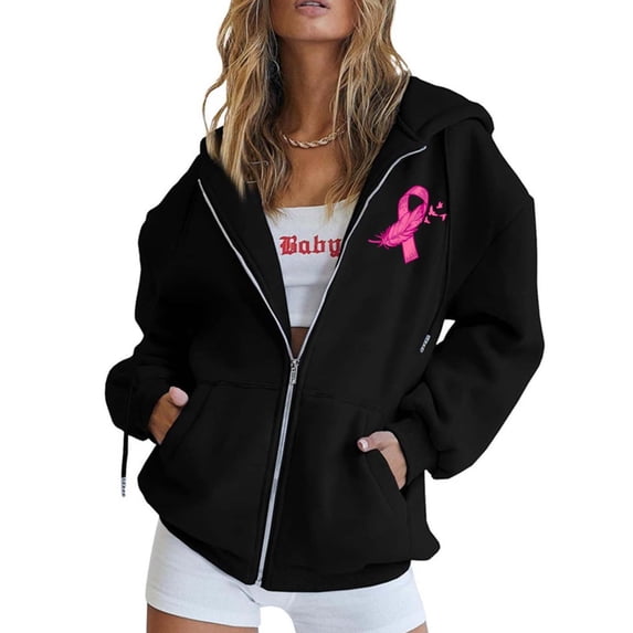Lumtrix Breast Cancer Awareness Hoodies Zip Up For Women Track Jackets Long Sleeve Pink Ribbon Awareness Hoodies Jacket With Pockets Black M