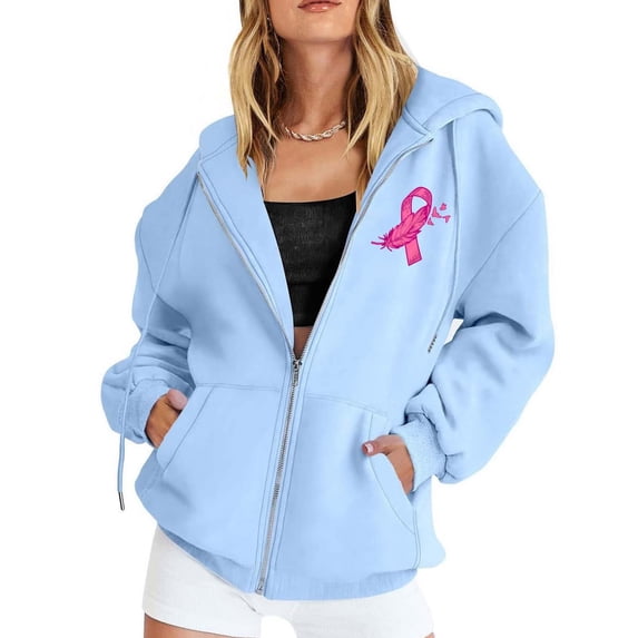 Lumtrix Breast Cancer Awareness Hoodies Zip Up For Women Track Jackets Long Sleeve Pink Ribbon Awareness Hoodies Jacket With Pockets Light Blue S