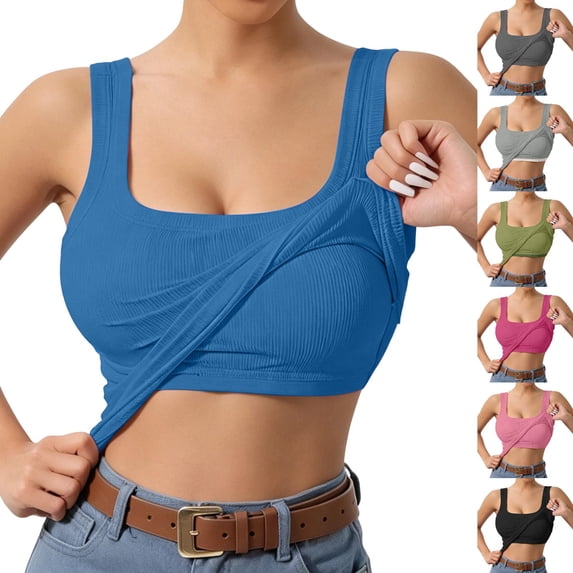 Lumtrix Built in Bra Tank Tops for Women Ribbed Scoop Neck Slim Fit Sleeveless Going Out Summer Tops Army Green S