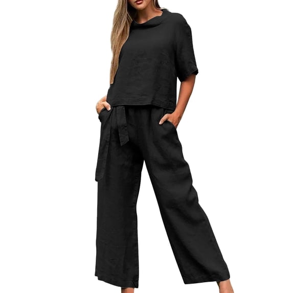 Lumtrix Business Casual Outfits For Women 2 Piece Linen Sets Short Sleeve Tops Dressy Casual Lounge Pants Set Summer Beach Vacation Black S