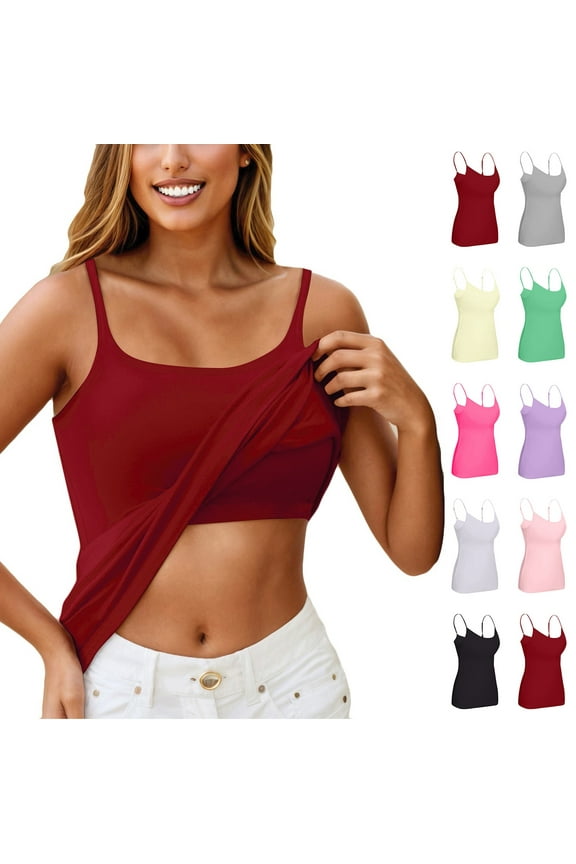 Camisole with Built in Bra for Women Summer Adjustable Spaghetti Strap Square Neck Tank Tops Casual Slim Fit Shirt Hot Pink L