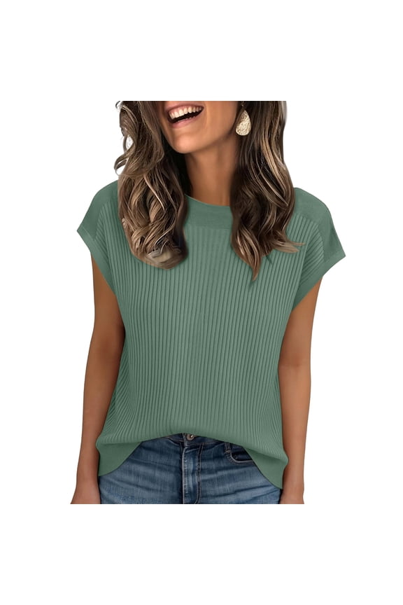 Cap Sleeve Sweater Vest for Women 2026 Spring Summer Crew Neck Casual Loose Business Tops Western Vacation Tees Green M