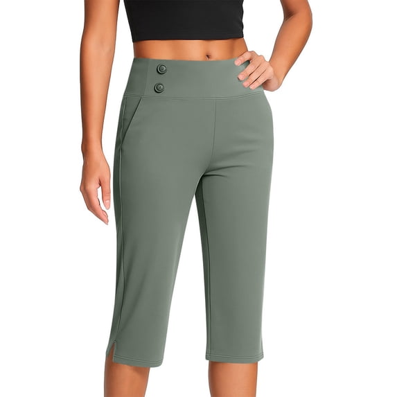 Lumtrix Capri Pants For Women High Waisted Straight Leg Sim Fit Stretch Lightweight Trousers Casual Work Golf Capri With Pockets Green XL