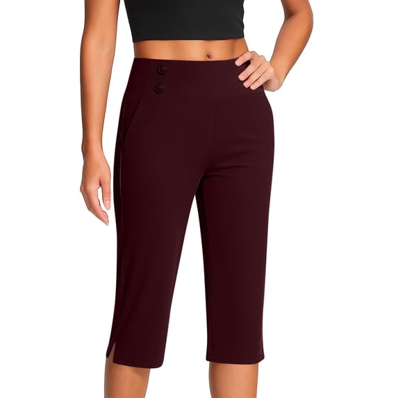 Lumtrix Capri Pants For Women High Waisted Straight Leg Sim Fit Stretch Lightweight Trousers Casual Work Golf Capri With Pockets Wine 2XL
