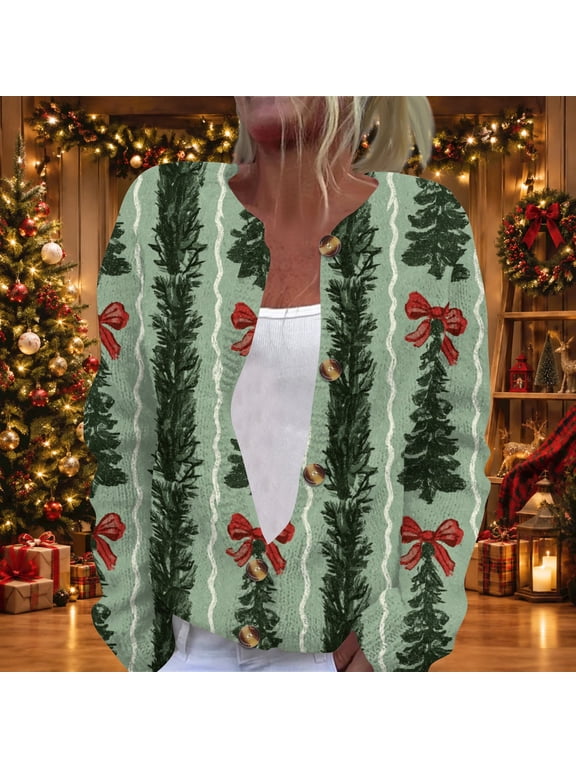 Cardigan Christmas Sweaters For Women Chunky Long Sleeve Cute Graphic Plus Size Button Up Fall Trendy Sweater Green 2XL