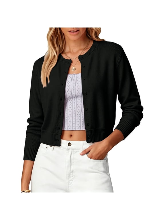 Cardigan Sweaters For Women 2026 Fall Button Up Sweater Lightweight Soft Knit Long Sleeve Crew Neck Tops Black M